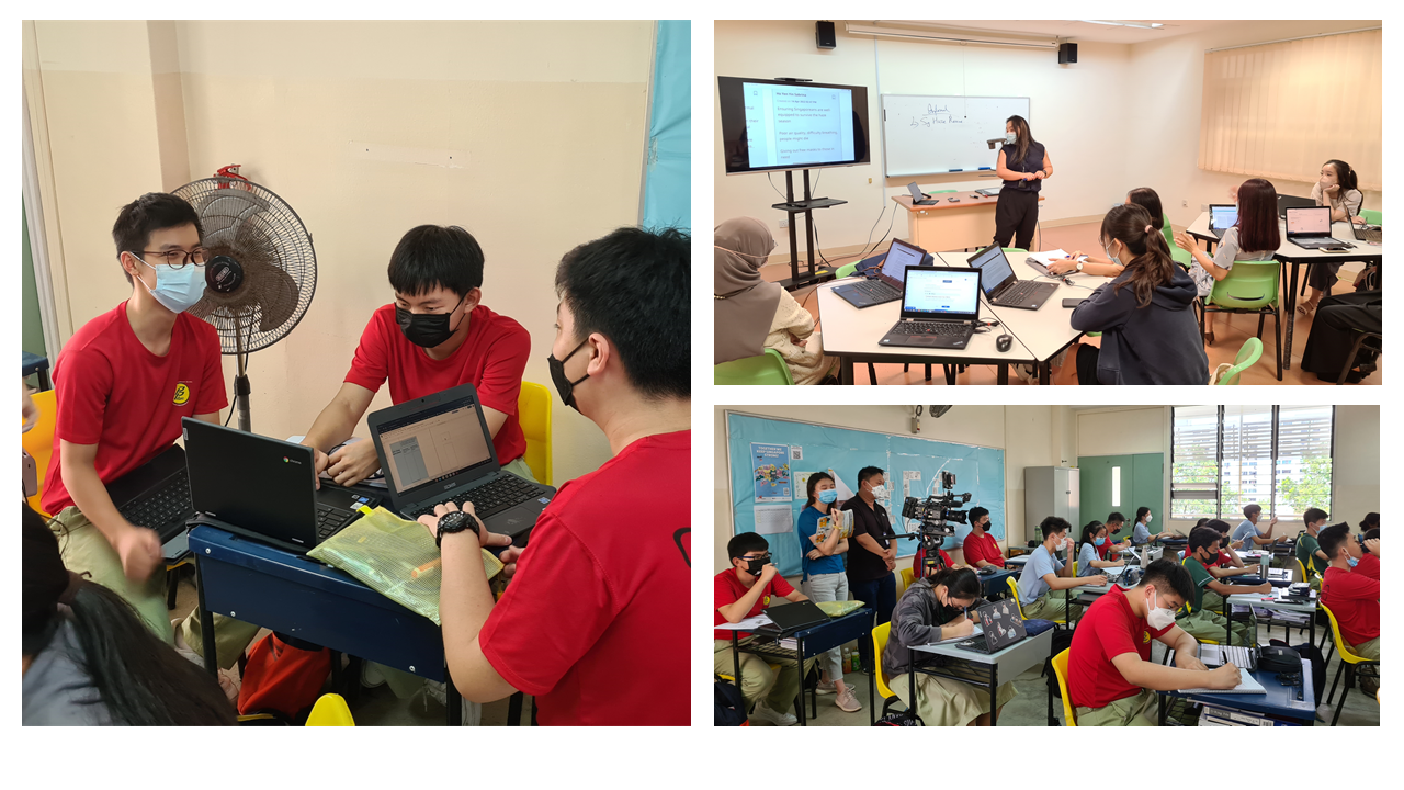 Three classroom scenes showing masked students working on laptops while a teacher presents at a whiteboard.